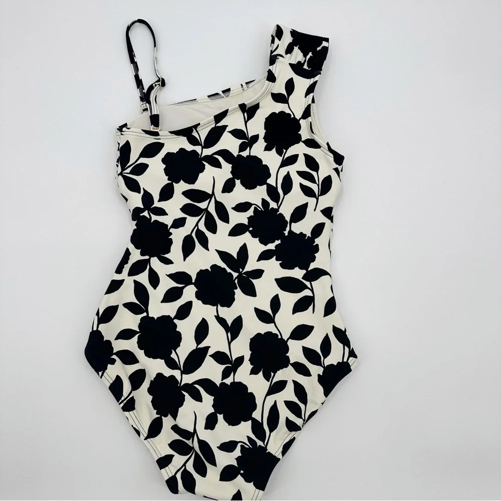 Kate Spade Geranium‎ Grove Buckle One-Shoulder Black Ivory Floral Swimsuit XS